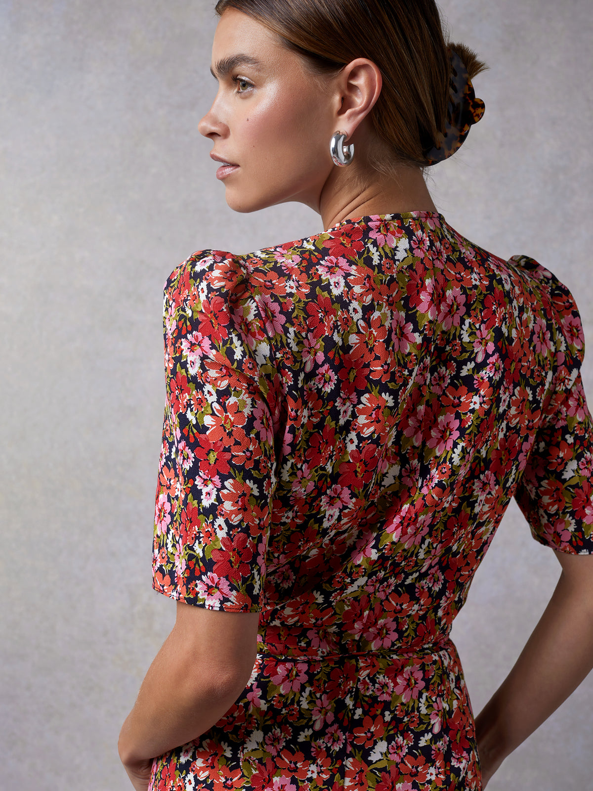 Mid-length wrap dress with navy floral print | Rouje 