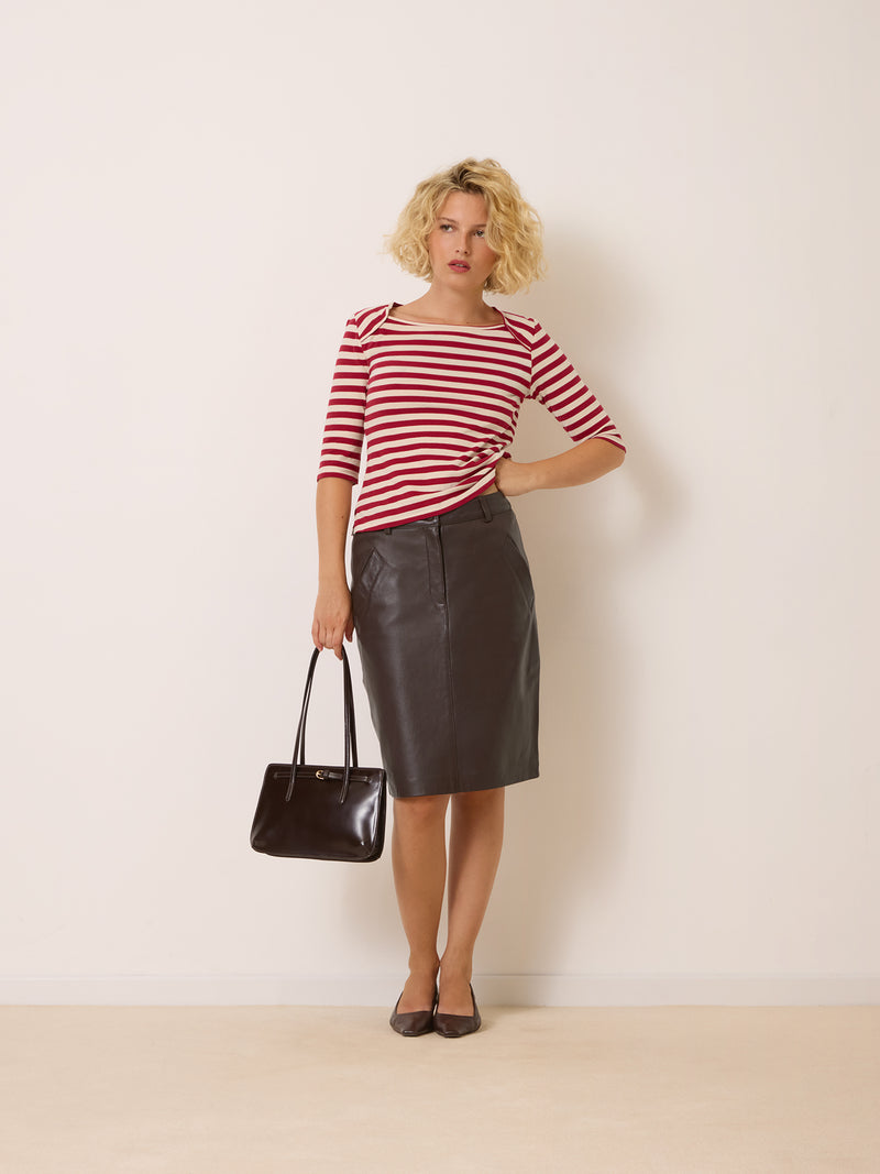 RENEE cachou leather midi skirt, back view by Rouje