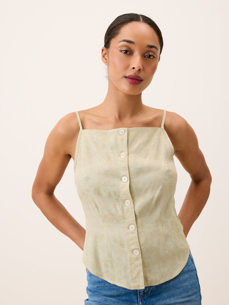 AIME beige strappy fitted buttoned top, front view by Rouje