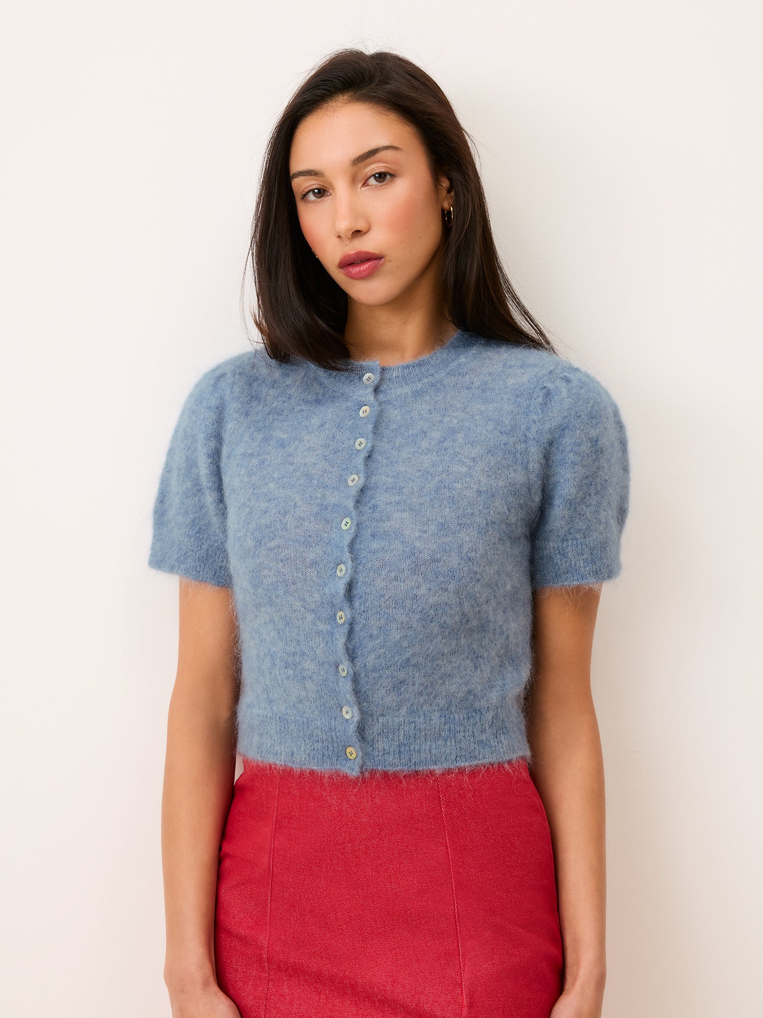 Blue puff-sleeve cropped cardigan – Abelina | Rouje