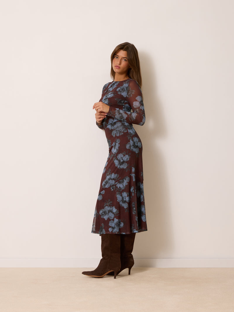ALEXINE brown floral print long fitted mesh dress worn on a model by Rouje