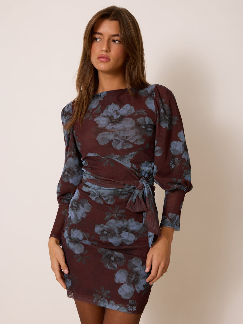 ALVARO brown floral print short dress worn on a model by Rouje