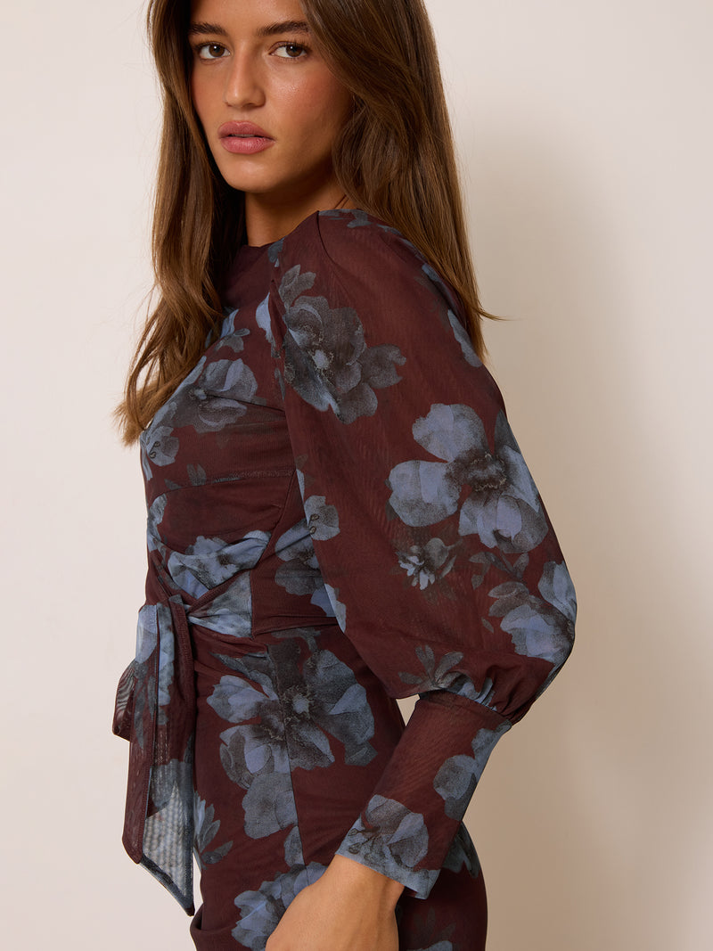 ALVARO brown Bloom Obscura floral print dress, lifestyle setting by Rouje