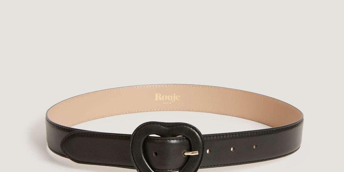Ceinture Cuir Vintage à Boucle En Forme De Cœur - Taille 75 - Noir - Occasion - Fabriquée En France