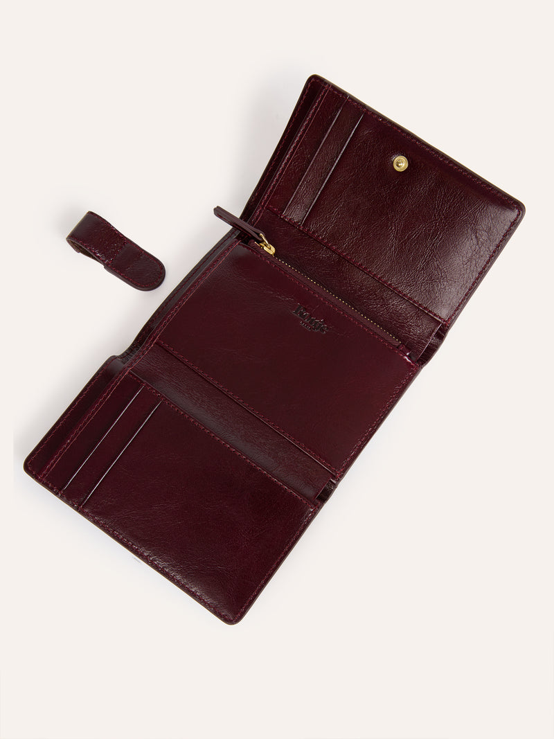 AMORE bordeaux aged leather wallet, open view by Rouje