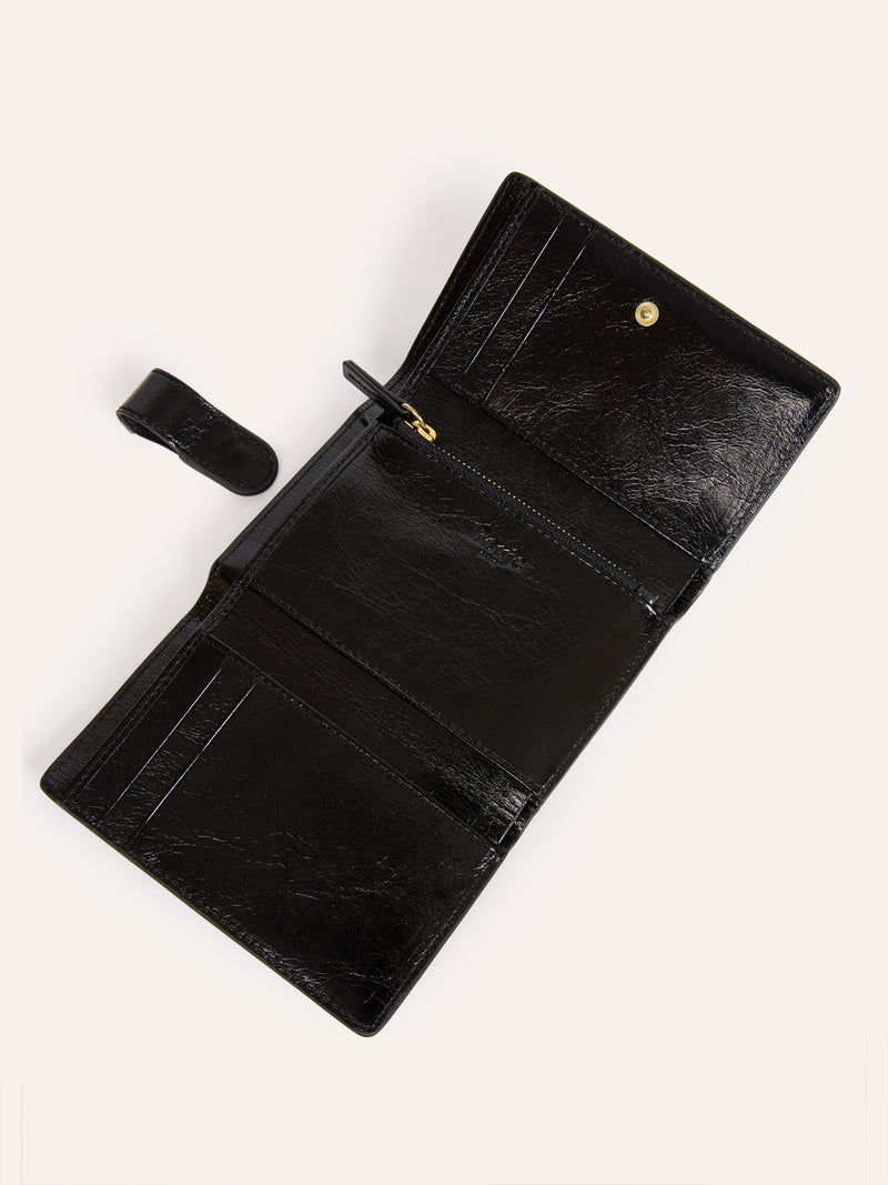 AMORE black aged leather wallet, open view by Rouje
