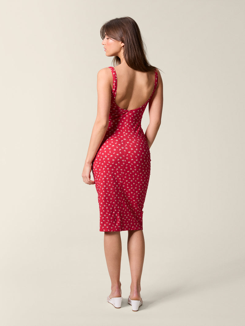 Back view of the red Arielle midi dress.