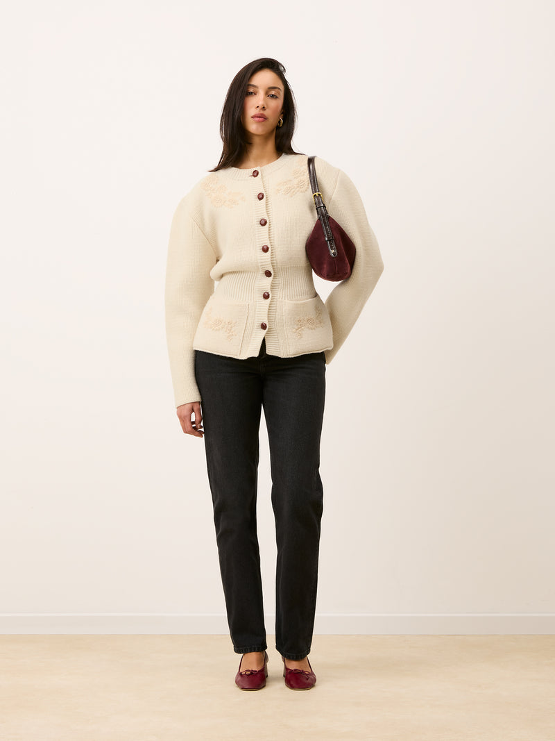 Total look with Atlas ecru embroidered cardigan, front view