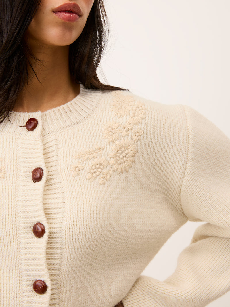 Close-up of the embroidery on the Atlas ecru cardigan