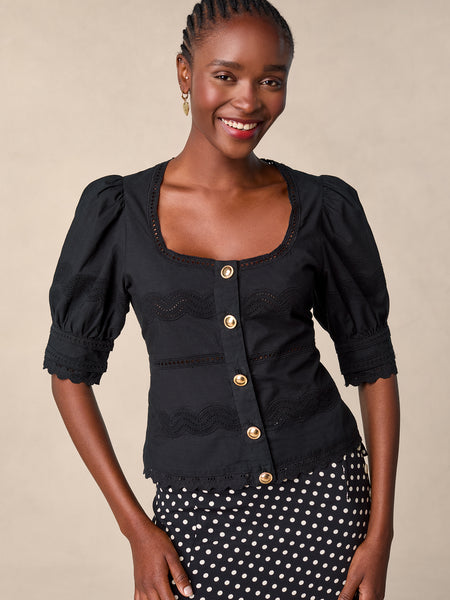 Openwork and embroidered cotton top with balloon sleeves | Rouje