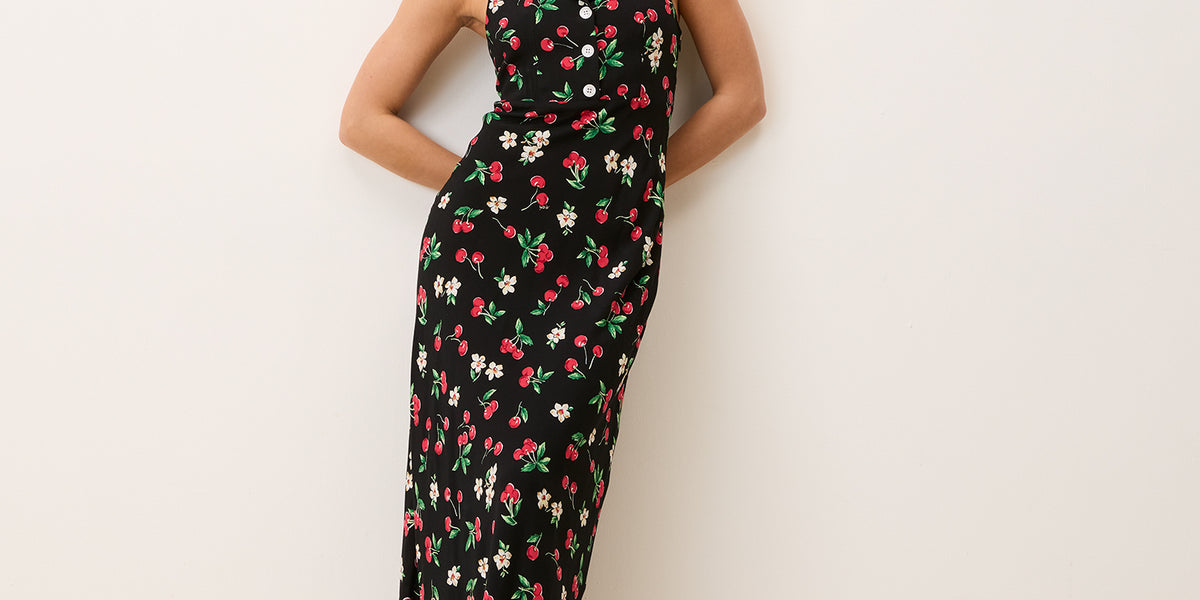 Black floral cherry print long dress – Carlita