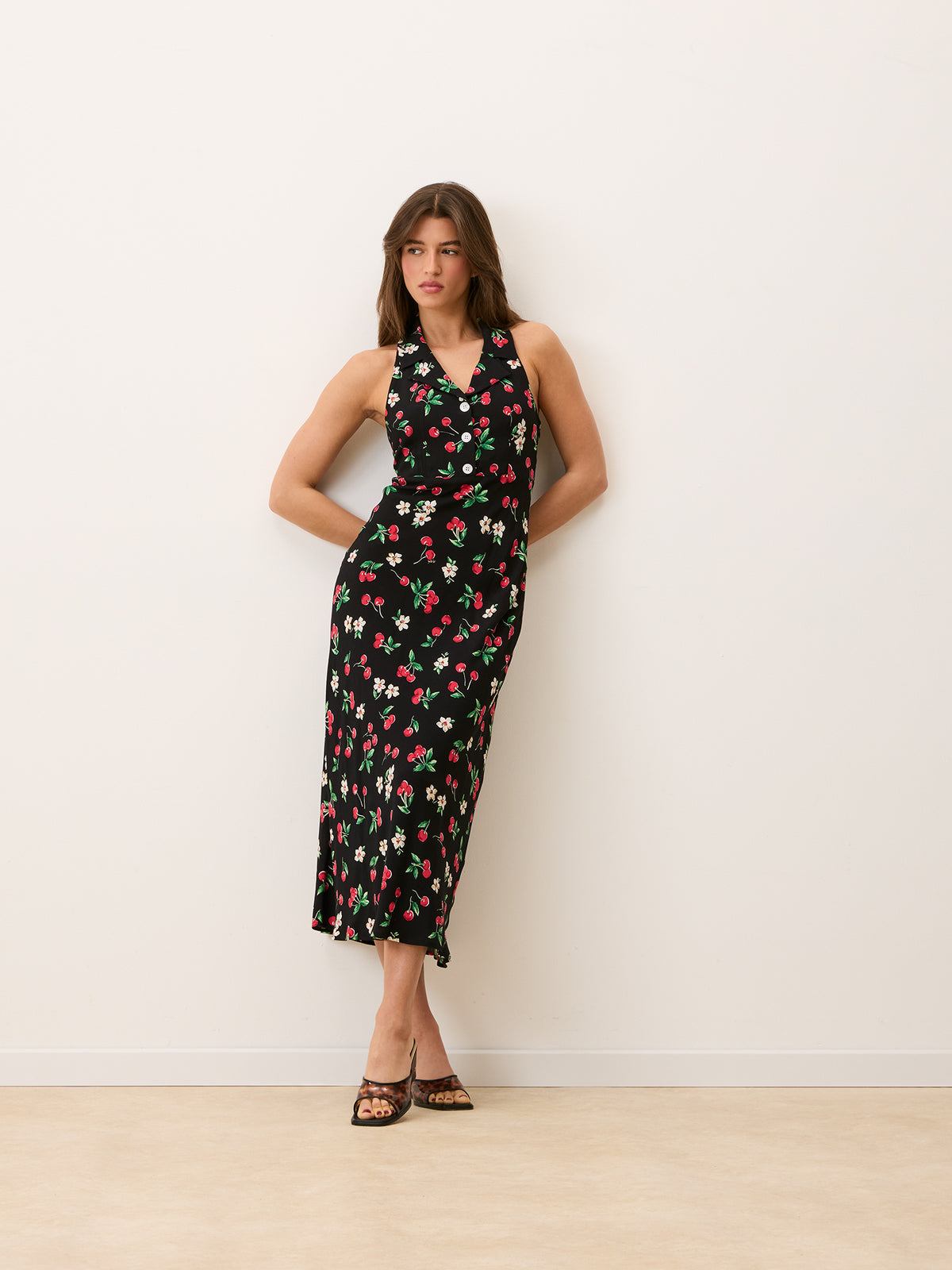 Black floral cherry print long dress – Carlita