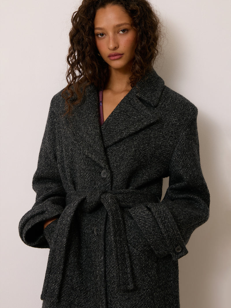 THEODORE anthracite long coat, side view by Rouje
