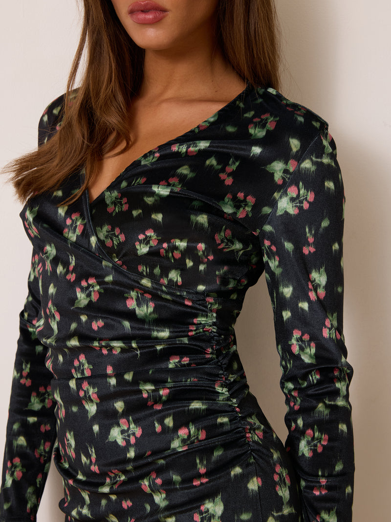 CLERIA black Floral Mirage print midi dress, side view by Rouje