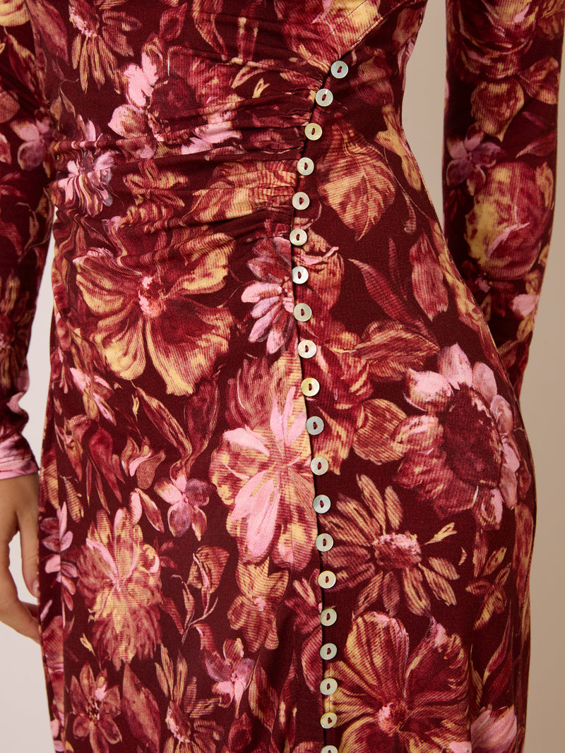 CLOTHILDA bordeaux floral long dress, back view by Rouje