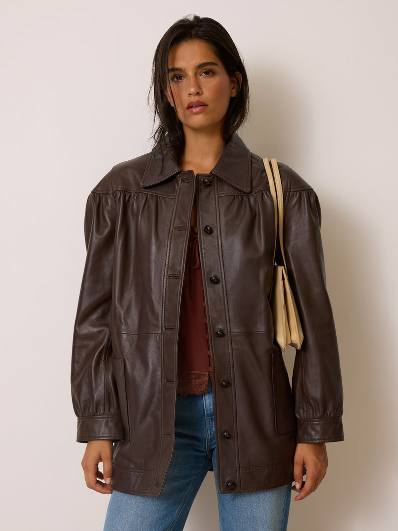 ANETA cachou leather mid-length jacket, front view by Rouje