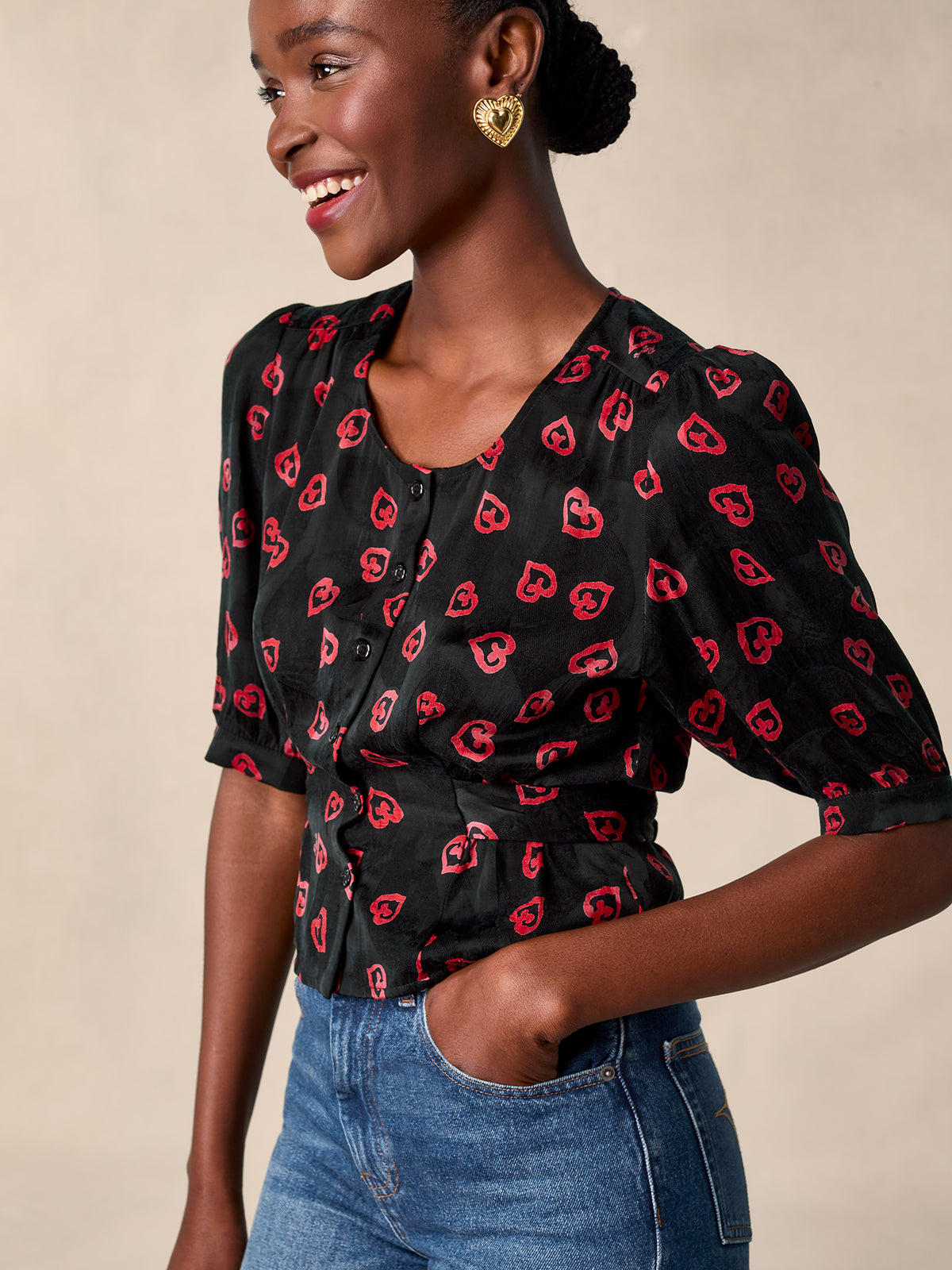 Fitted top in printed jacquard with balloon sleeves | Rouje