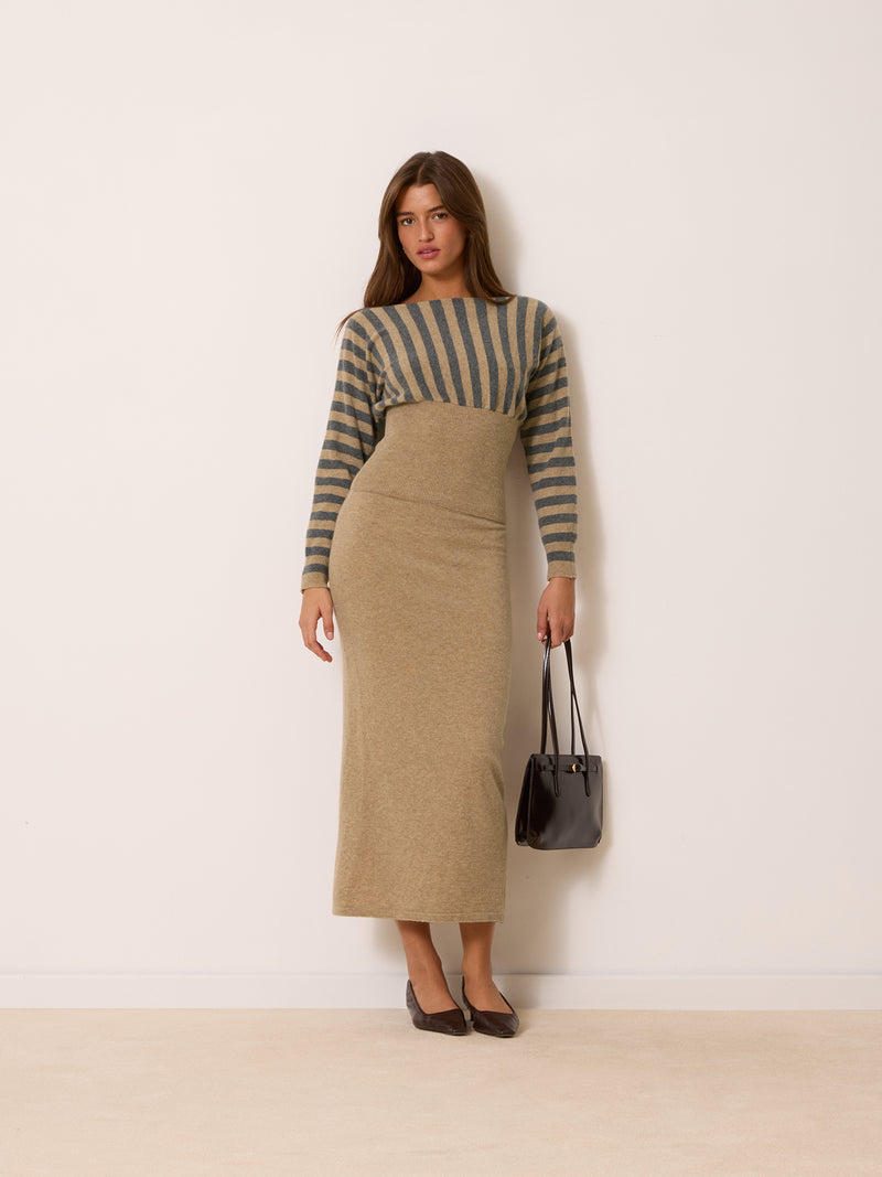 ENORA beige stripe sweater, lifestyle setting by Rouje