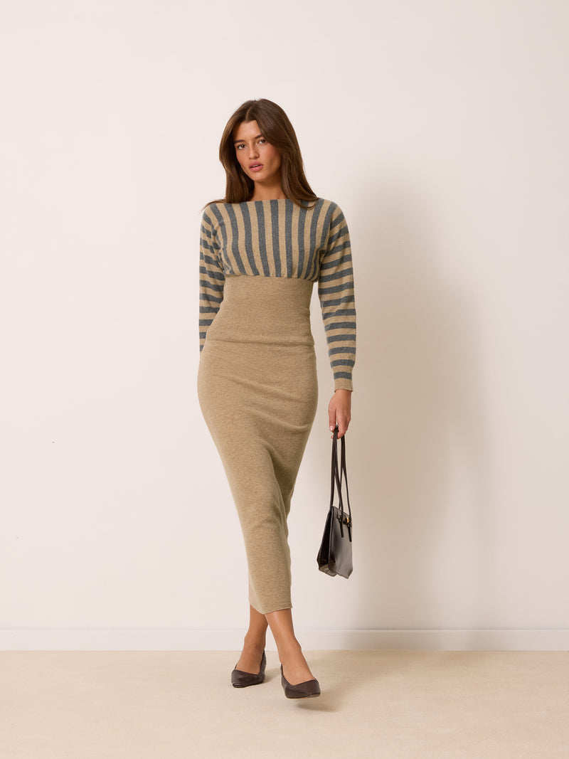 ENORA beige transatlantic stripe round neck sweater, side view by Rouje