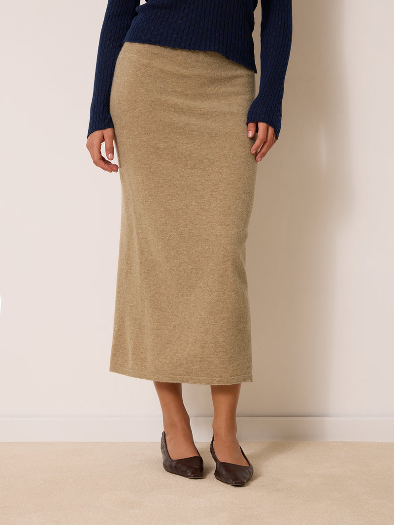 DELPHINA beige midi skirt, back view by Rouje