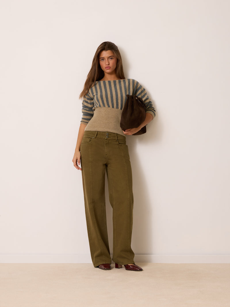 ENORA beige stripe sweater, detail of neckline by Rouje