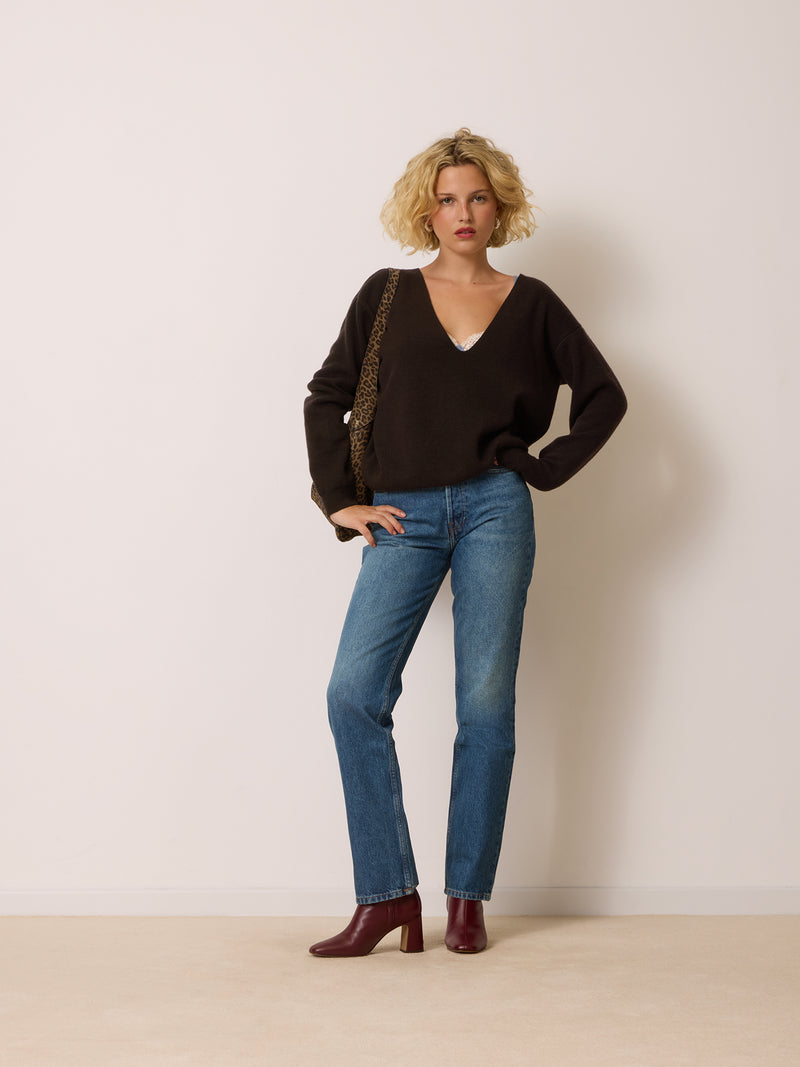 EUNICE cafe V-neck sweater, back view by Rouje
