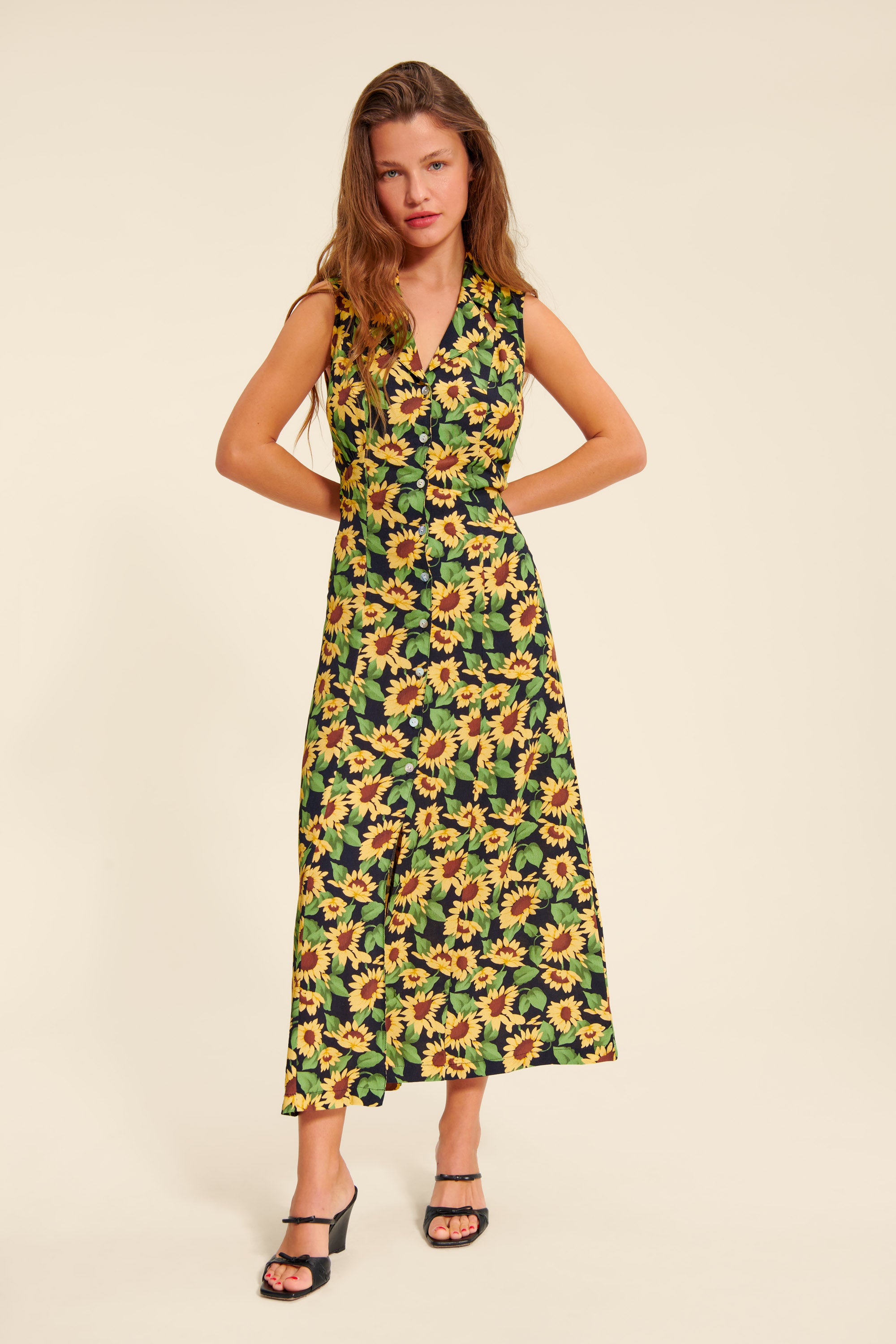 Rouje Paris FAUVE dress 向日葵柄 ノースリーブワンピース Long dress with shirt collar with sunflower print | Rouje