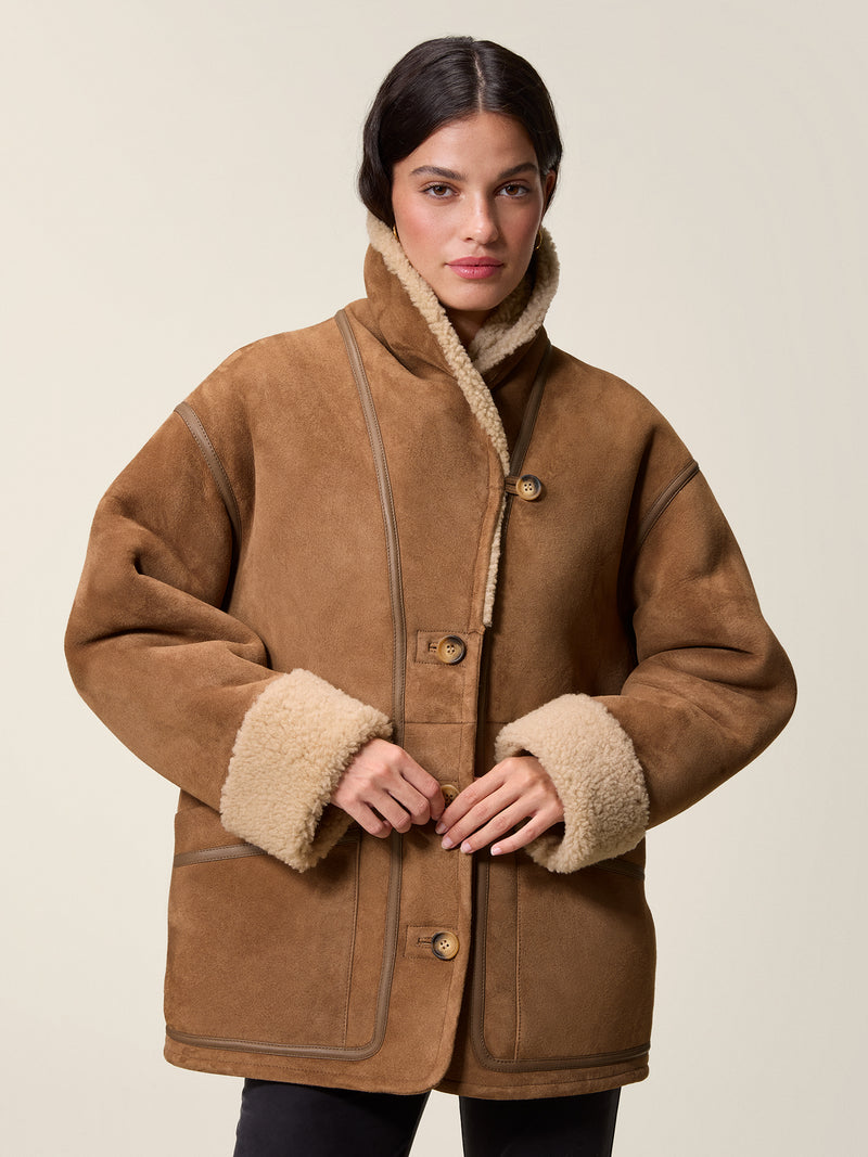 FERDINAND taupe sheepskin shawl collar coat, front view by Rouje