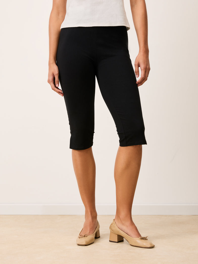 DONA black stretch jersey capri pants, side view by Rouje