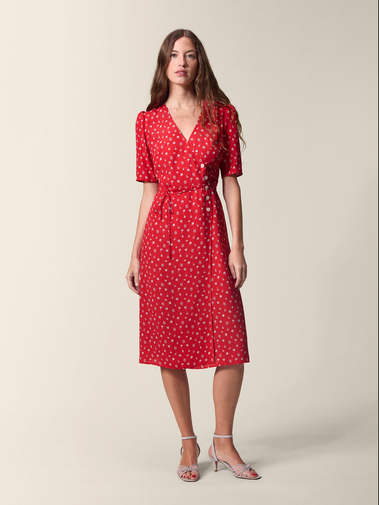 Red floral print midi wrap dress | Rouje