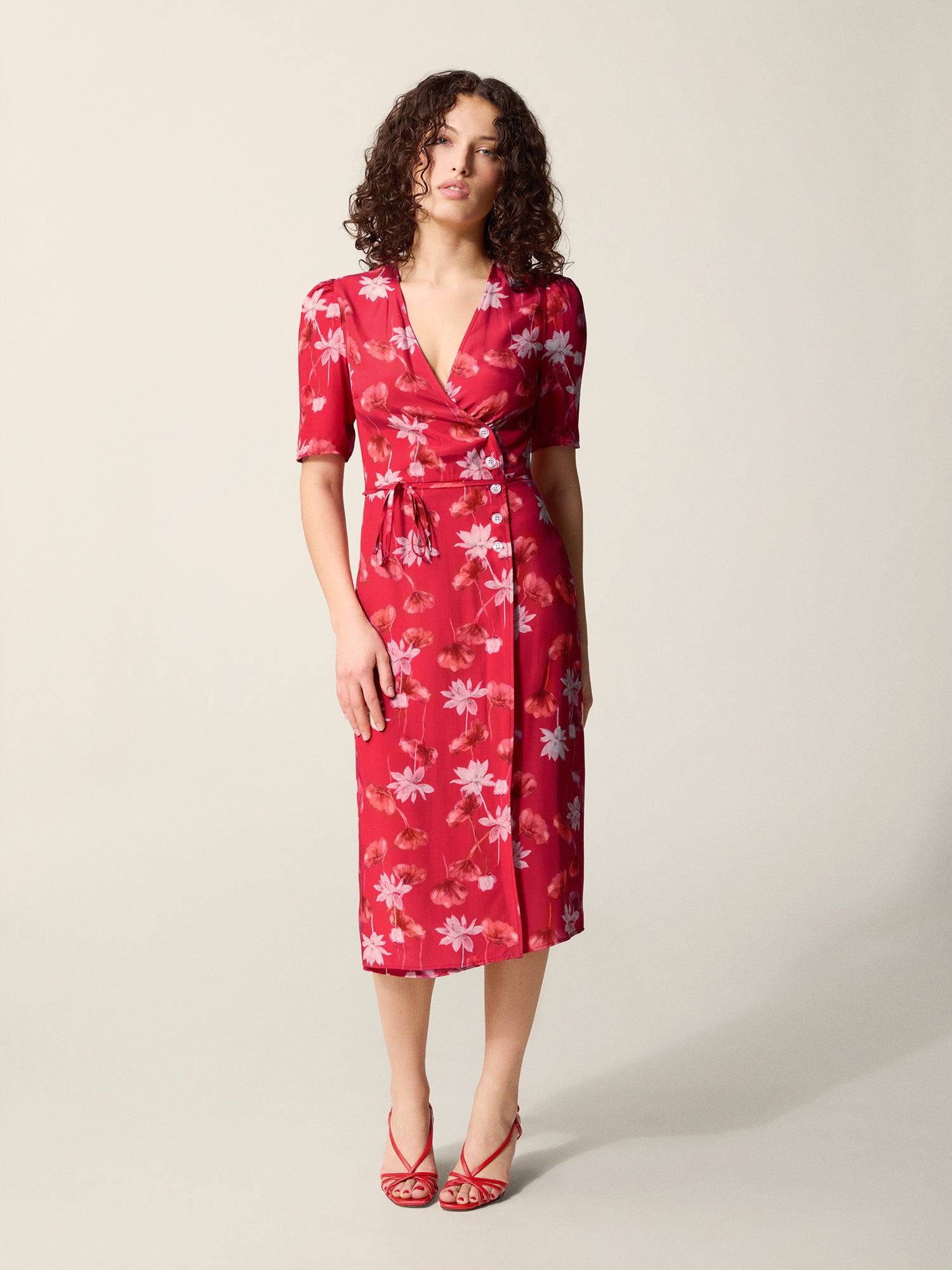 Rustic Rouge Dress Red floral print midi wrap dress | Rouje