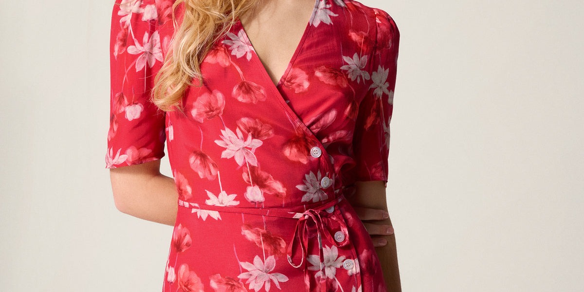 Rouje - GABIN dress - Red floral print midi wrap dress - Red
