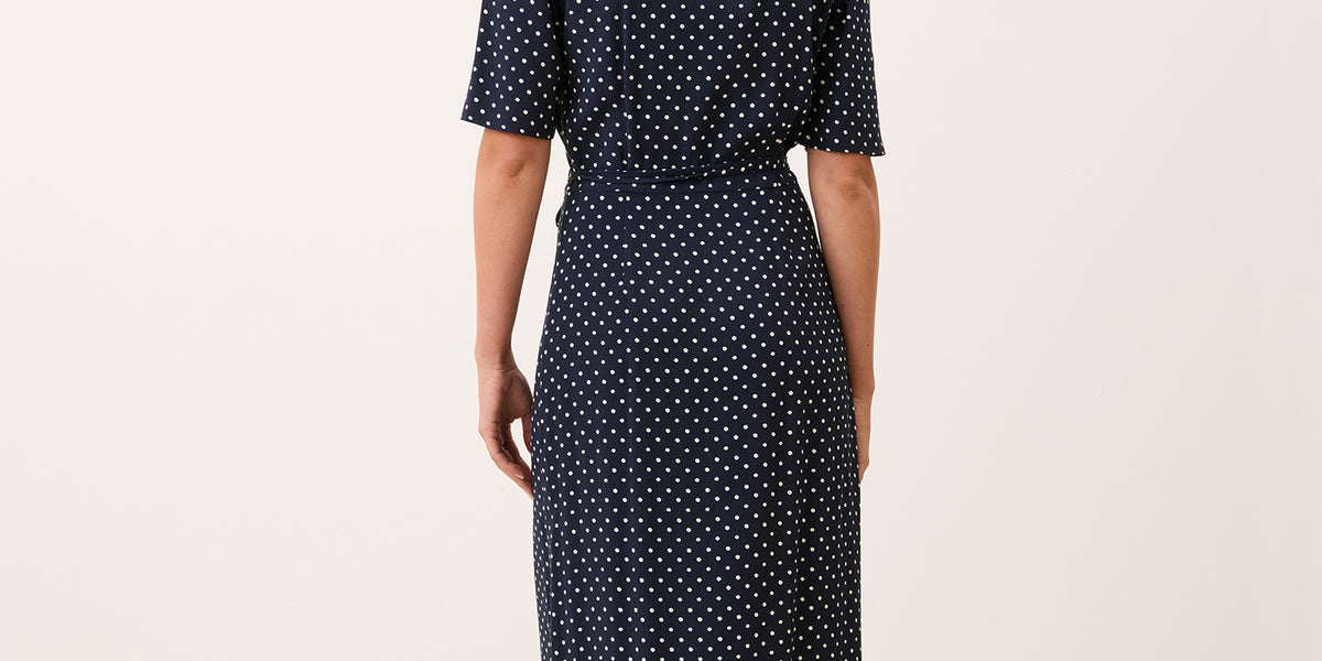 polka dot handkerchief wrap midi dress Rouje - GABIN Dress - Navy Blue polka dot print midi wrap Dress - Blue