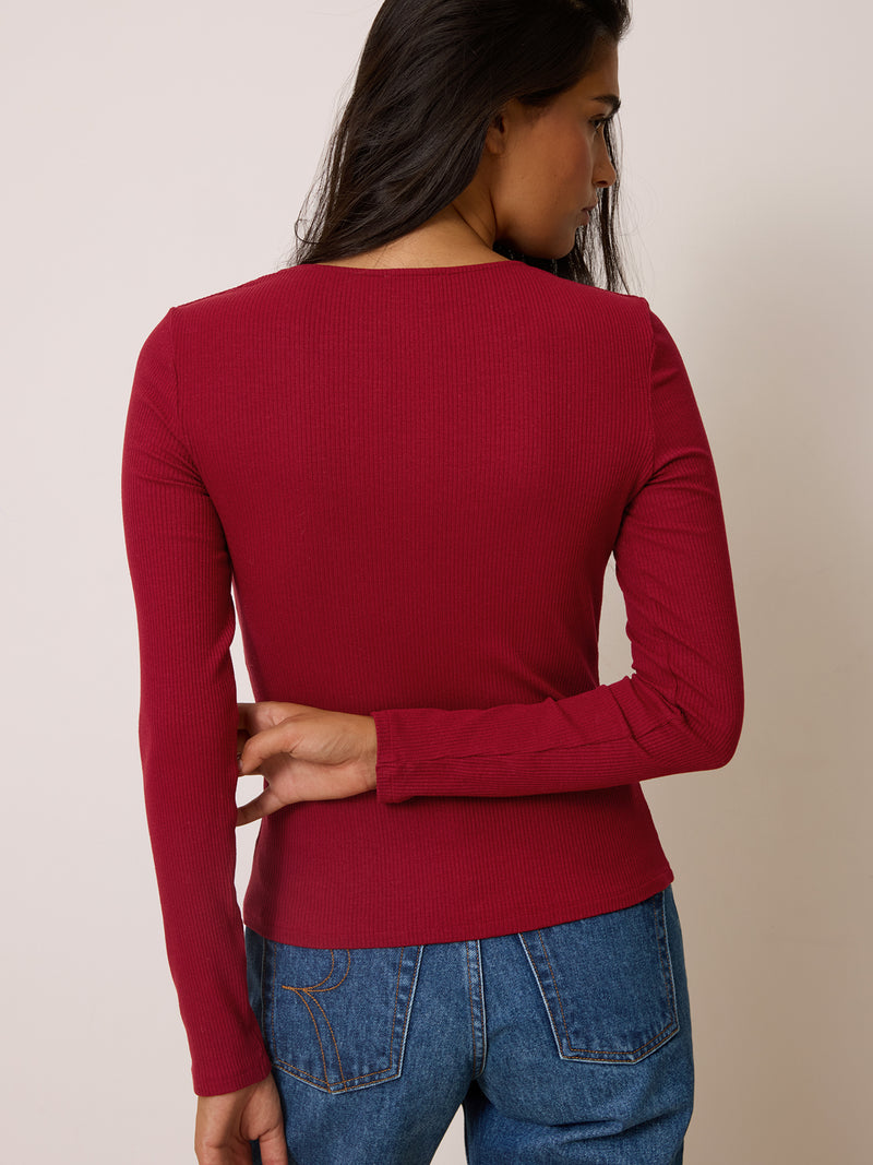 PAULANE bordeaux ribbed long-sleeve top, side view by Rouje