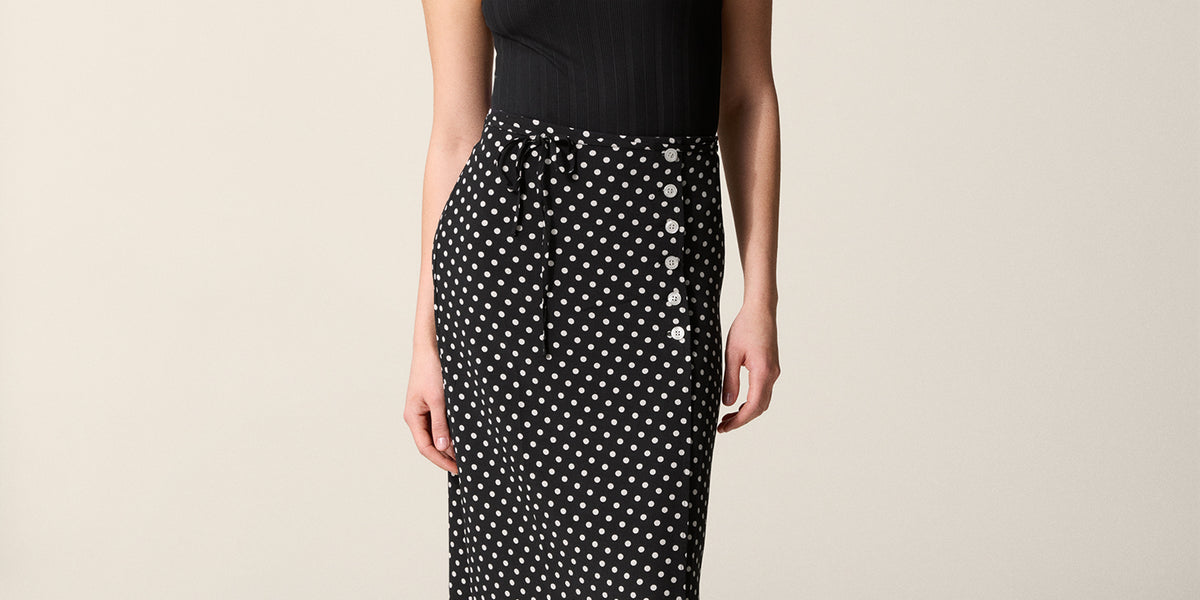 Jupe Midi Femme HONORS Noire à Pois En Rayonne - Taille L - Occasion Parfait État