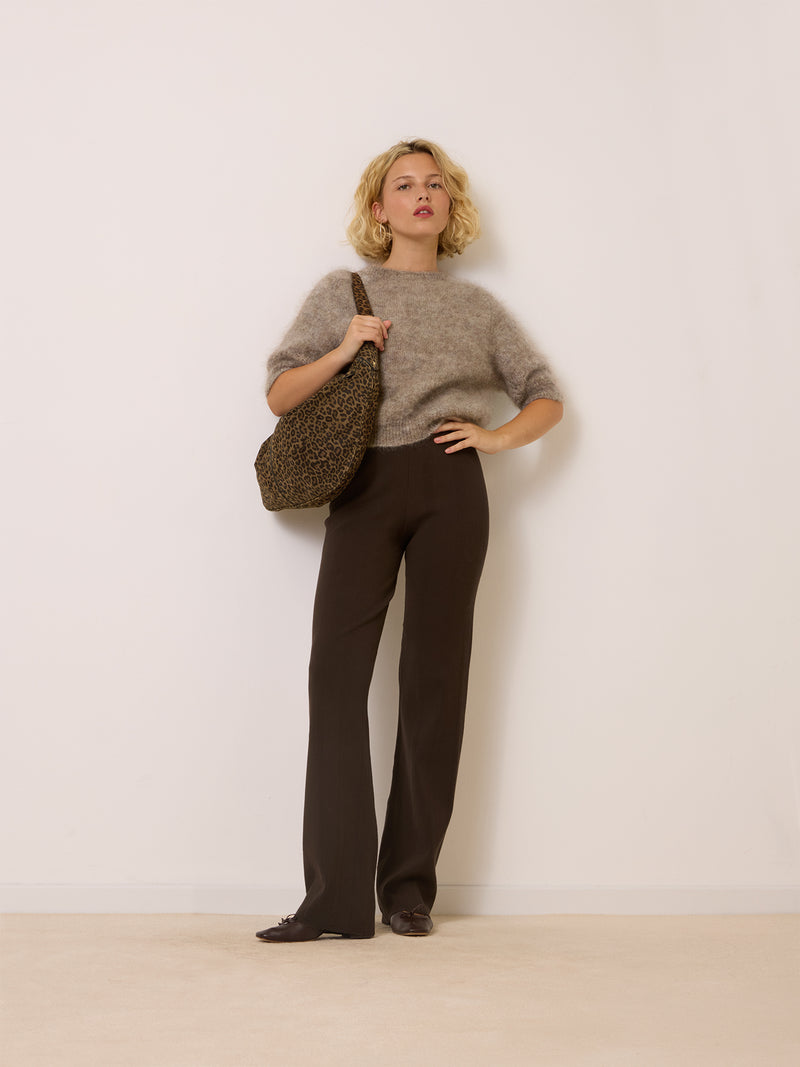 GRACE chocolate wide-leg trousers, front view by Rouje