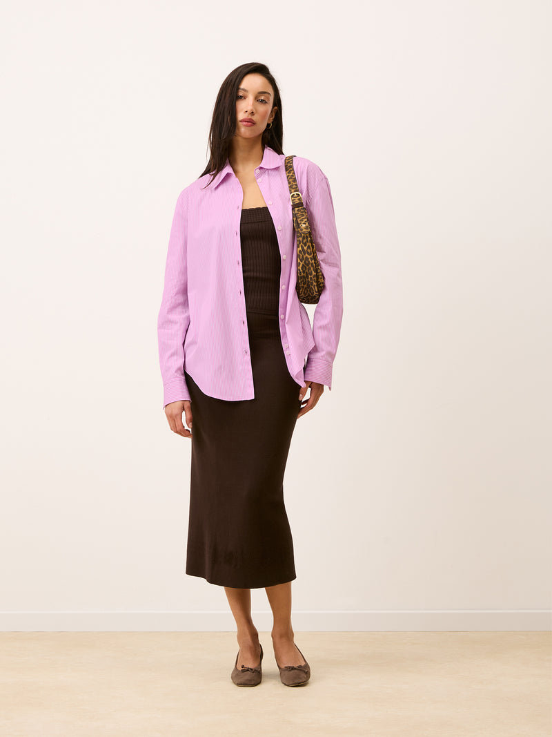 Total look with Harper pink striped shirt, front view