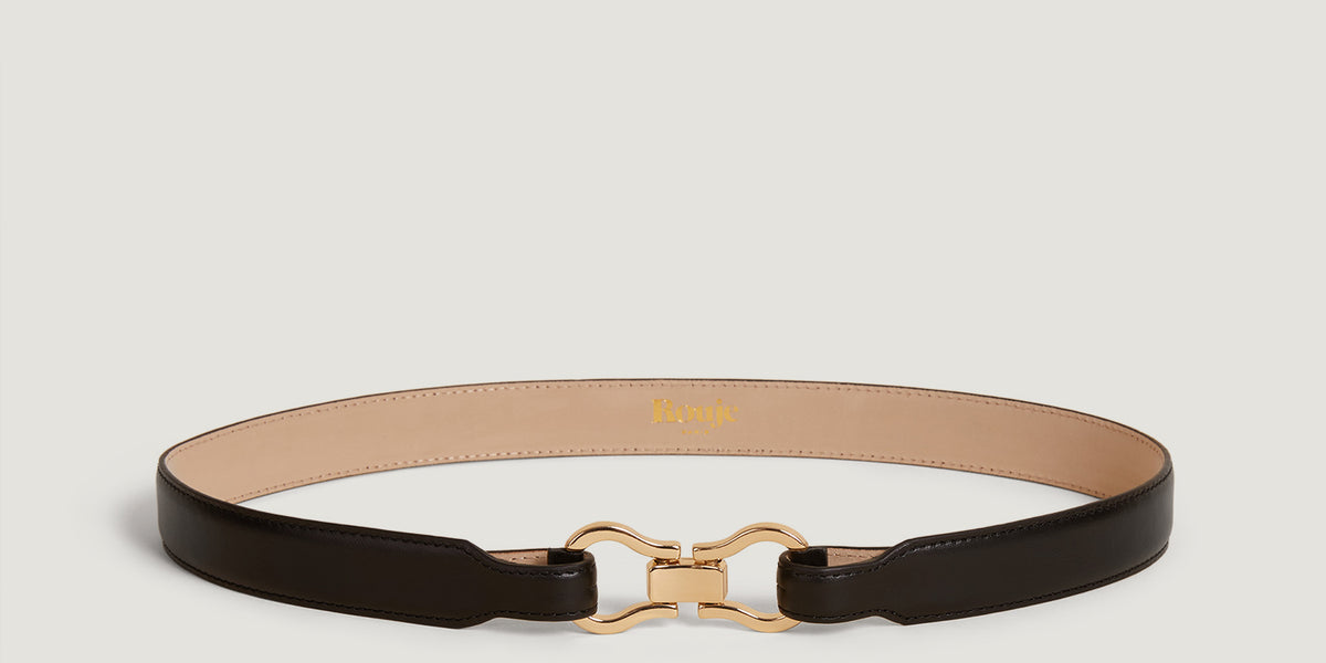 Black double buckle leather belt | Rouje