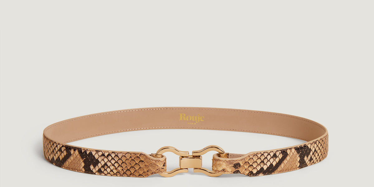 Python-like leather double buckle belt | Rouje display picture 3
