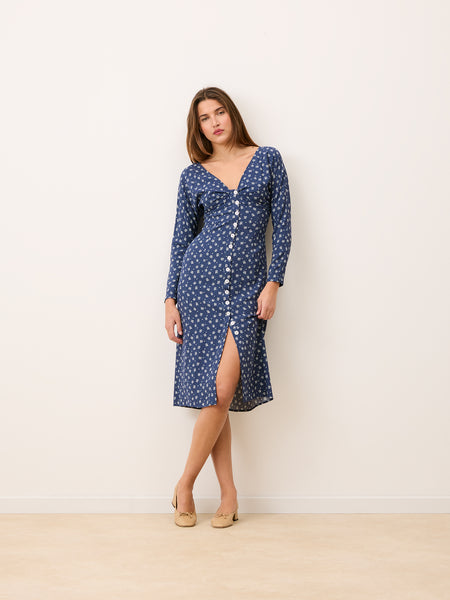 lena v neck high low midi dress Rouje - LENA Dress - Button-up long Dress with gathered V-neckline - Blue