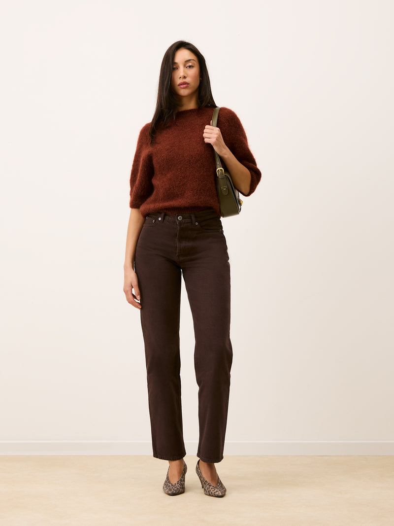 Total look with Olivia mohair sweater in carmin red, front view