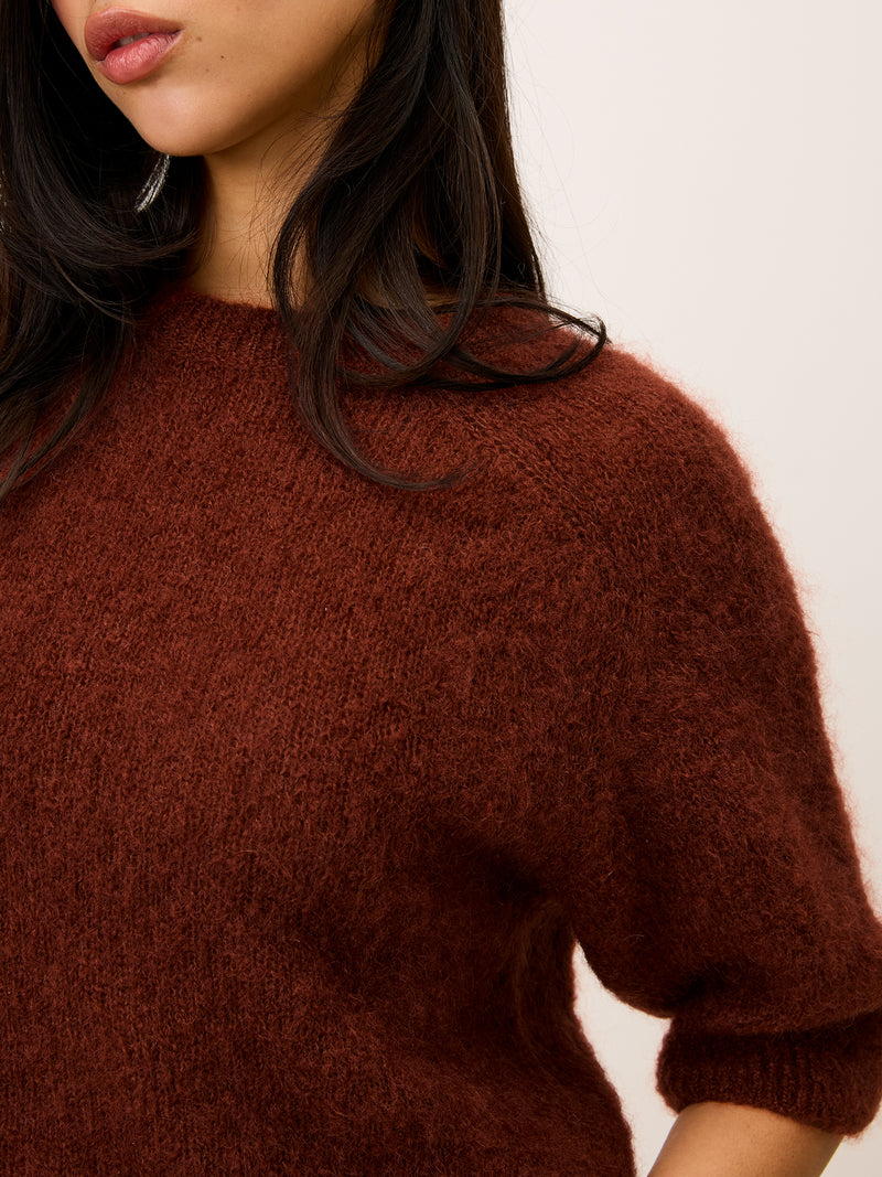 Close-up on the Olivia mohair sweater in carmin red