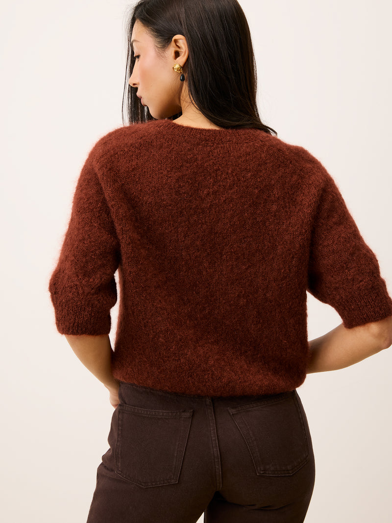 Olivia mohair sweater in carmin red worn, back view