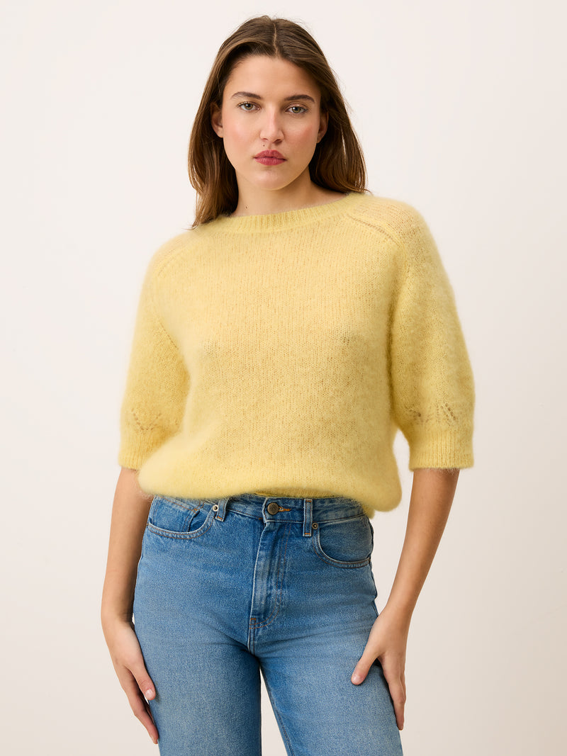 Front view of the Olivia mohair sweater in yellow
