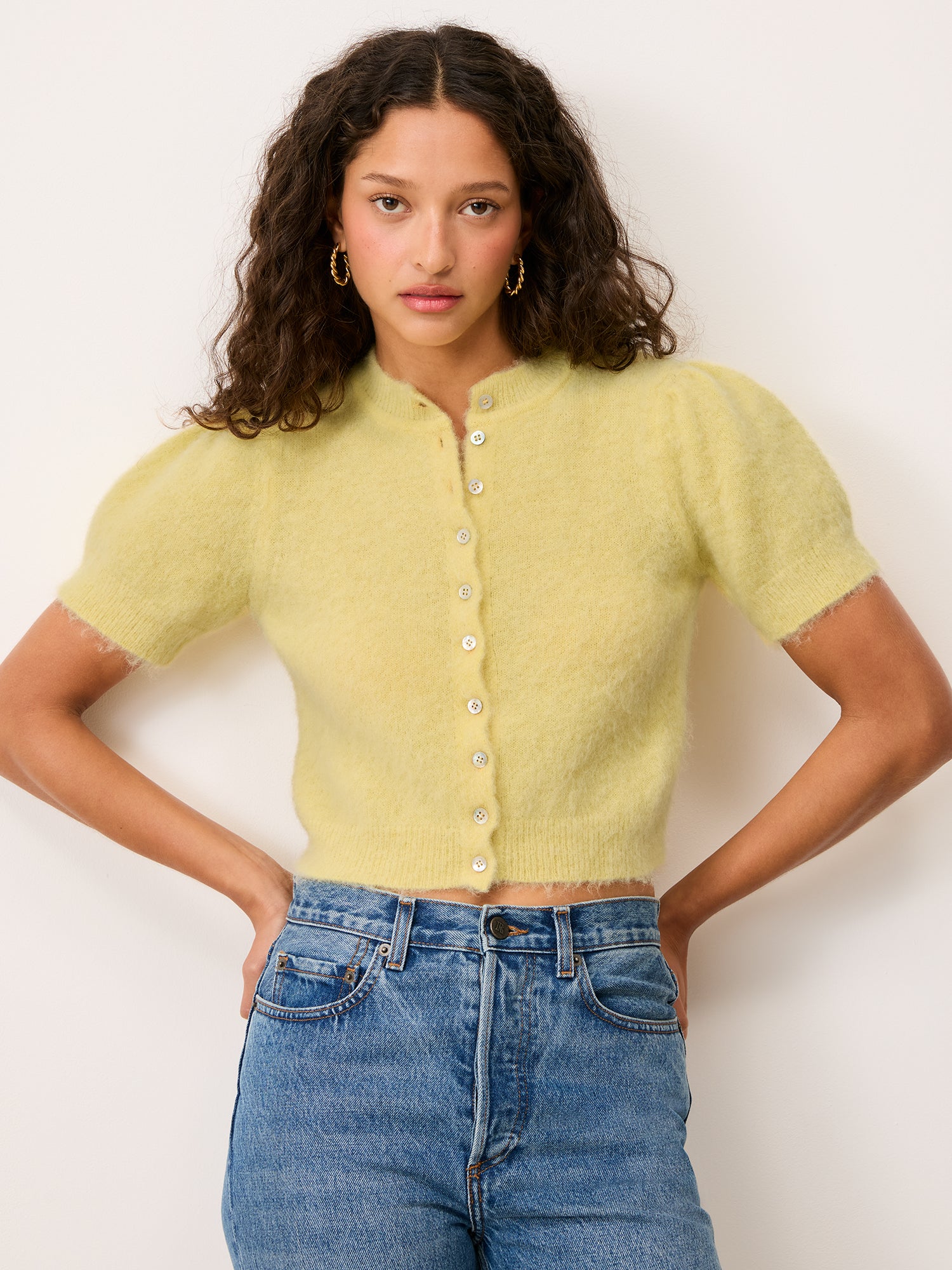 Lemon puff-sleeve cropped cardigan – Abelina | Rouje