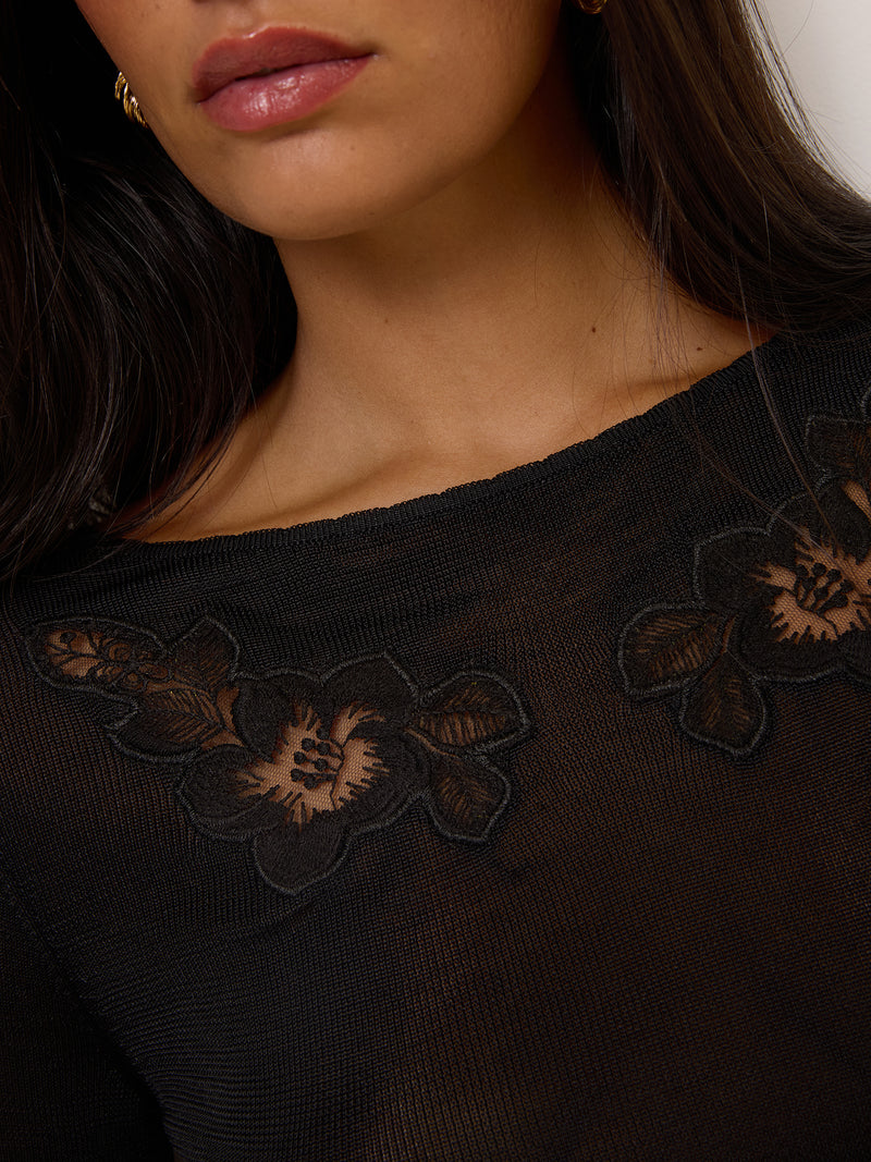 RETAJ black broderie anglaise sweater, detail of embroidery by Rouje