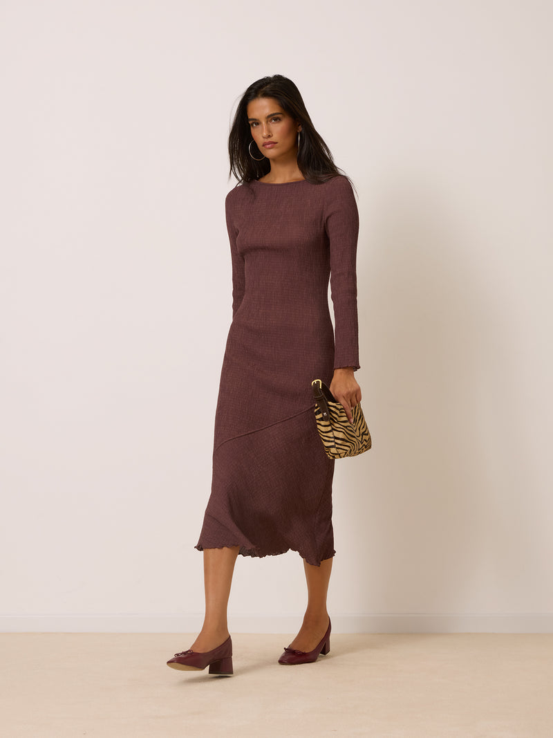 ALEXANDRA cachou crinkle midi dress worn on a model by Rouje