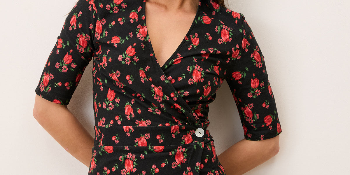 Rouje - ROXY Dress - Cotton - Midi wrap Dress in Black floral print - Black