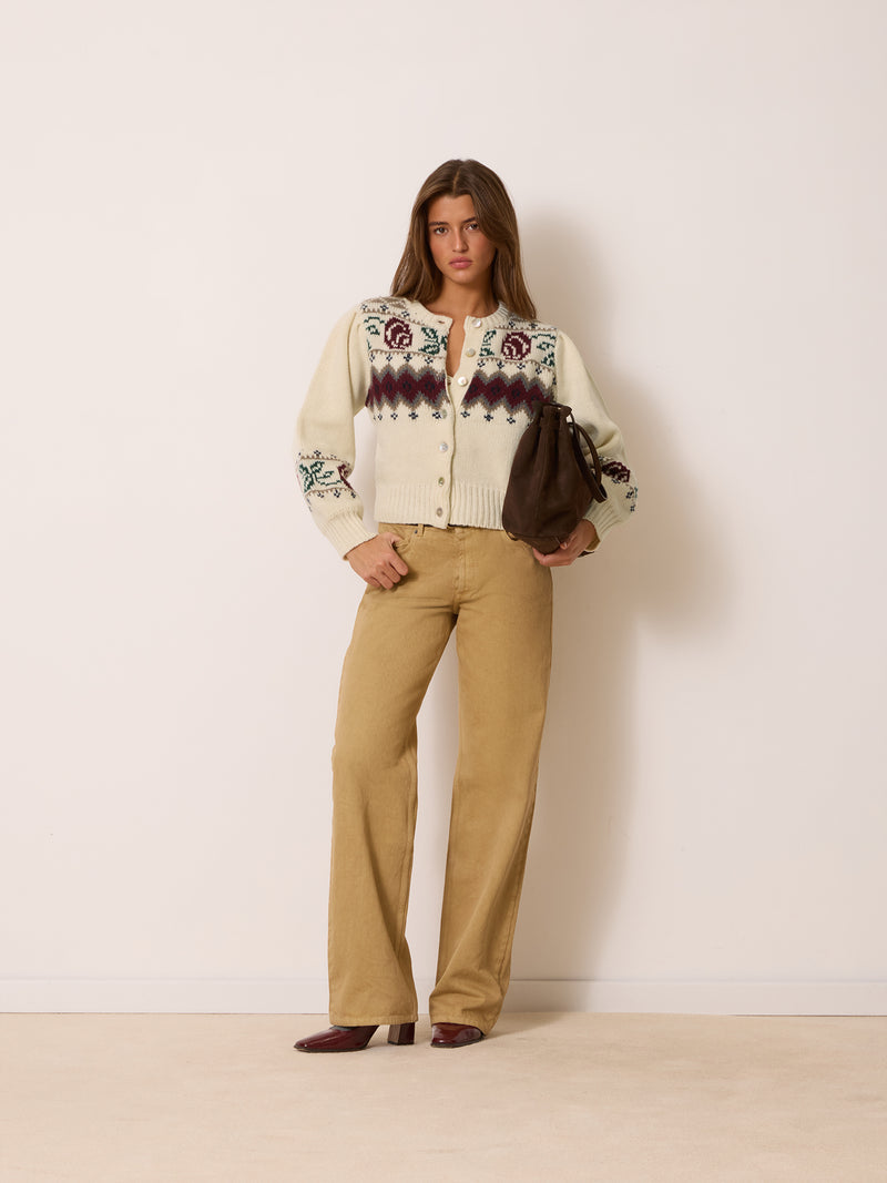 SIMEON ecru jacquard cardigan, detail of pattern by Rouje