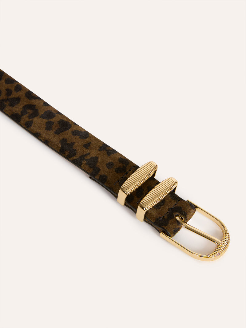 SOUPIR leopard suede wide belt, worn on a model by Rouje